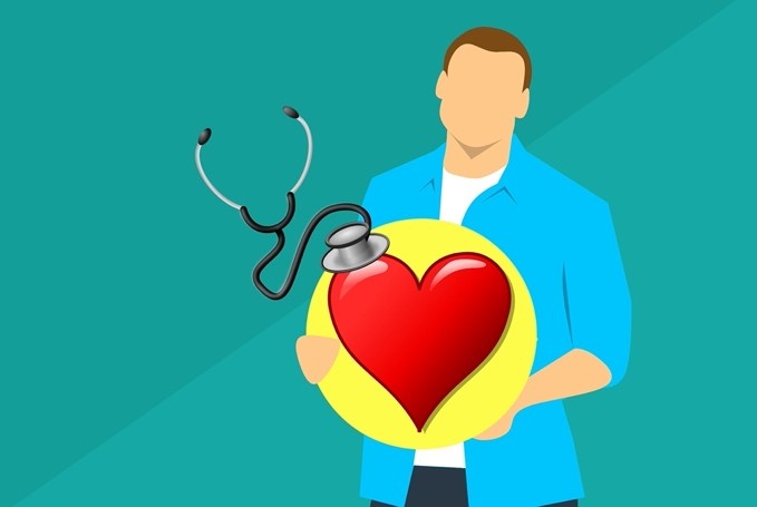 IMAGE 1: Image depicting a cartoon of a male doctor holding an image of a heart and stethoscope.