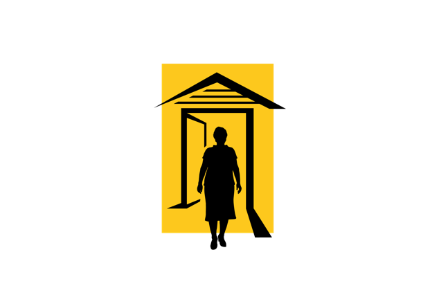 IMAGE 1:Illustration of an older woman standing outside her front door. Black silhouette image on a yellow background. Indicates Sally’s situation; not only is she recovering from her recent heart attack but also has general concerns regarding her health and predisposition to future cardiac complications. 